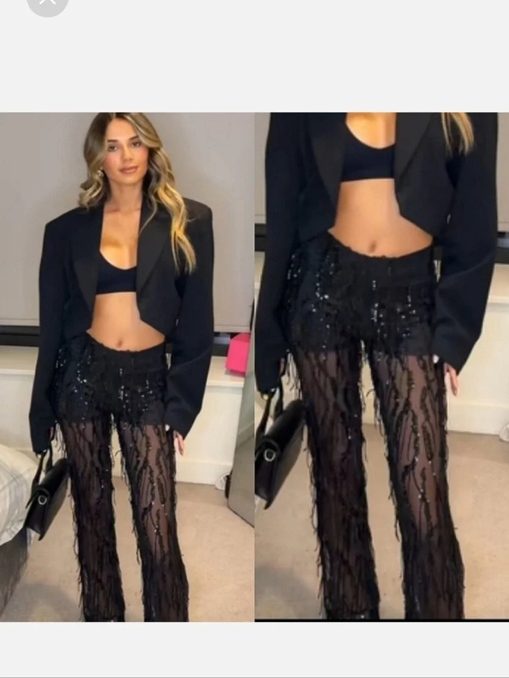Zara SEQUIN FRINGED FLARE PANTS LEGGINGS BLACK SIZE L